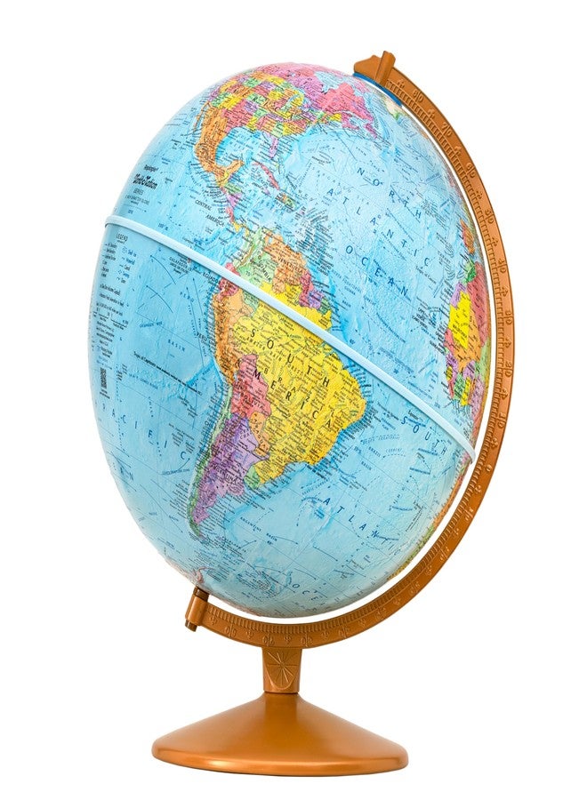 Replogle Explorer- Easy to Assemble 12" diameter, USA Cartography, Raised Mountains, Metal Base, Classic Educational Globe from Replogle. Perfect for students of all ages. Over 4000 place names and political boundaries. Includes sturdy diecast numbered semi-meridian. For a simple yet stunning look, choose the Explorer 12-inch Blue Ocean Raised Relief Desktop World by Replogle. The 16 inch height complements any computer desk, conference room table or bookshelf. This item is very easy to assemble and comes with detailed instructions. In minutes you will have this globe assembled and ready for use. (Ready To Assemble) - Image 3