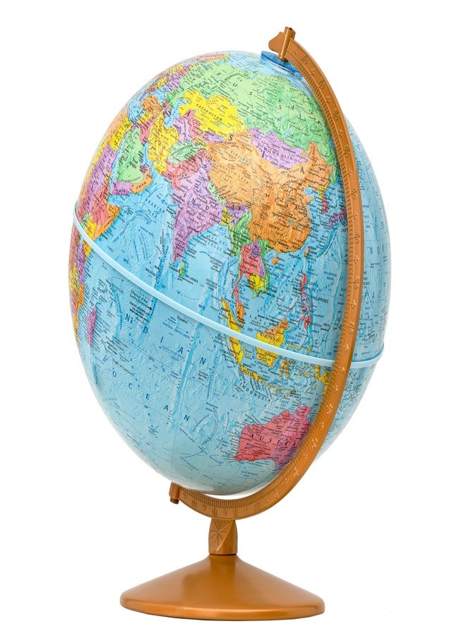 Replogle Explorer- Easy to Assemble 12" diameter, USA Cartography, Raised Mountains, Metal Base, Classic Educational Globe from Replogle. Perfect for students of all ages. Over 4000 place names and political boundaries. Includes sturdy diecast numbered semi-meridian. For a simple yet stunning look, choose the Explorer 12-inch Blue Ocean Raised Relief Desktop World by Replogle. The 16 inch height complements any computer desk, conference room table or bookshelf. This item is very easy to assemble and comes with detailed instructions. In minutes you will have this globe assembled and ready for use. (Ready To Assemble) - Image 2