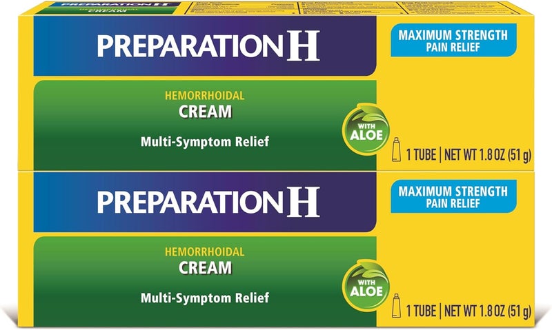Preparation H Hemorrhoid Symptom Treatment Cream (2 x 1.8 Ounce Tube), Maximum Strength Multi-Symptom Pain Relief with Aloe - Image 1