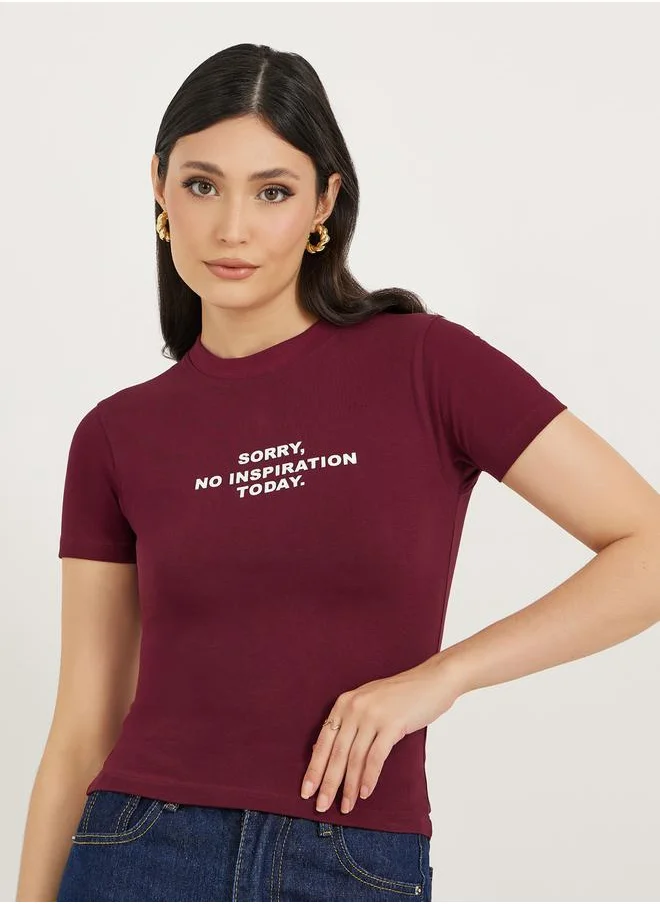 Styli Fitted No Inspiration Slogan Print Crop T-Shirt