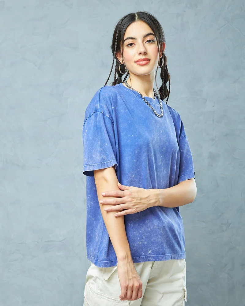 bewakoof Women's Blue Oversized Acid Wash T-shirt