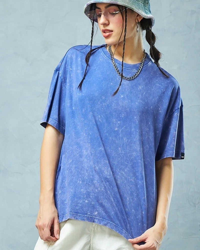 bewakoof Women's Blue Oversized Acid Wash T-shirt