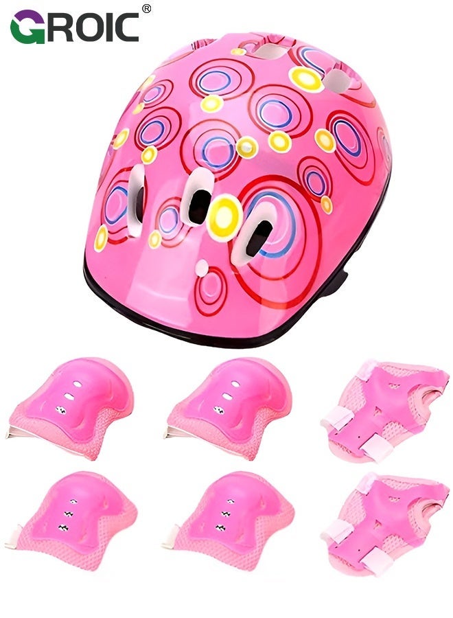 GROIC 7Pcs Kids Bike Helmet Set,Skateboard Knee Pads, Helmet Pad Set Protective Gear Set,Kids Helmet Set with Knee Elbow Wrist Pads for Skateboard Cycling Scooter Rollerblading(Pink-Circle) - Image 1