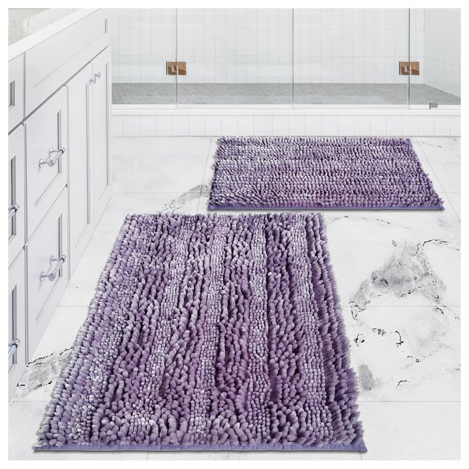 BATHROOM RUGS SET 2 PIECES LIGHT PURPLE BUTTER CHENILLE SHINY NOODLE BATH MAT RUG SET WITH NON SLIP BACKING SUPER WATER ABSORBENT MACHINE WASHABLE 31X20 AND 24X16 INCH LAVENDER