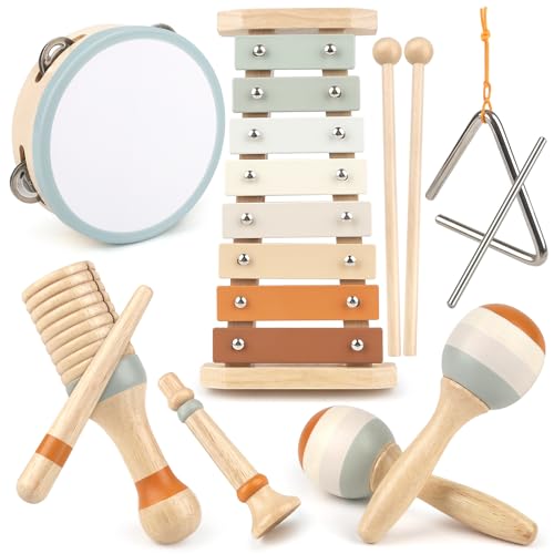 Vanplay Musical Instruments 6 in 1 Wooden Musical Toys for 2 3 Year Old Boy Girls Birthday Gifts Neutral Colors with Modern Boho Xylophone for Toddler Preschool Educational Toy for Baby 18 Months - Image 1