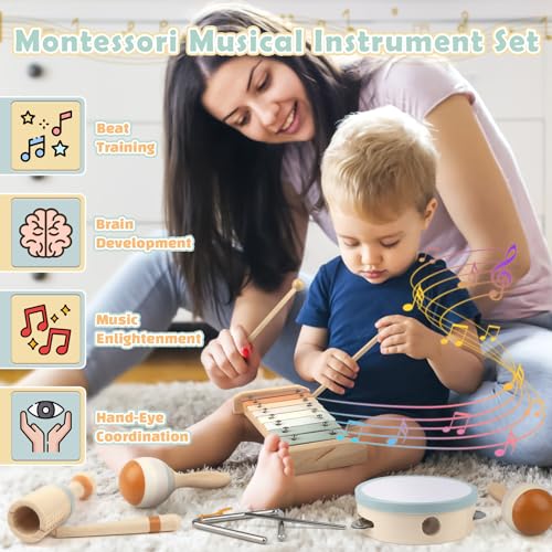 Vanplay Musical Instruments 6 in 1 Wooden Musical Toys for 2 3 Year Old Boy Girls Birthday Gifts Neutral Colors with Modern Boho Xylophone for Toddler Preschool Educational Toy for Baby 18 Months - Image 5