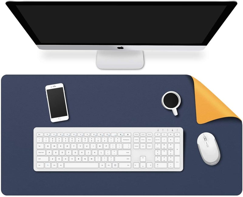Handcuffs Mouse Pad, Desk Mat Extended for Work from Home/Office/Gaming | PU Leather | Anti-Skid, Anti-Slip, Reversible Deskspread - Navy Blue & Yellow - Image 1