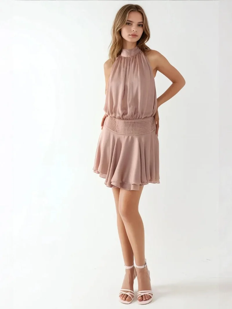 HICCUP Powder Pink Textured Turtleneck Mini Dress for Women | Best Price UAE