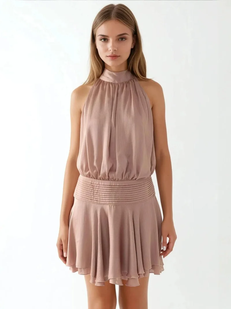 HICCUP Powder Pink Textured Turtleneck Mini Dress for Women | Best Price UAE
