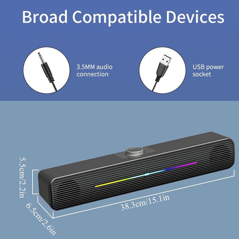 Computer/Laptop Speakers for PC Desktop Monitor, PC Sound Bar - USB-Powered 3.5mm AUX Plug -n-Play, Superb Stereo Sound, with Gradient RGB Lighting（Black） - Image 2