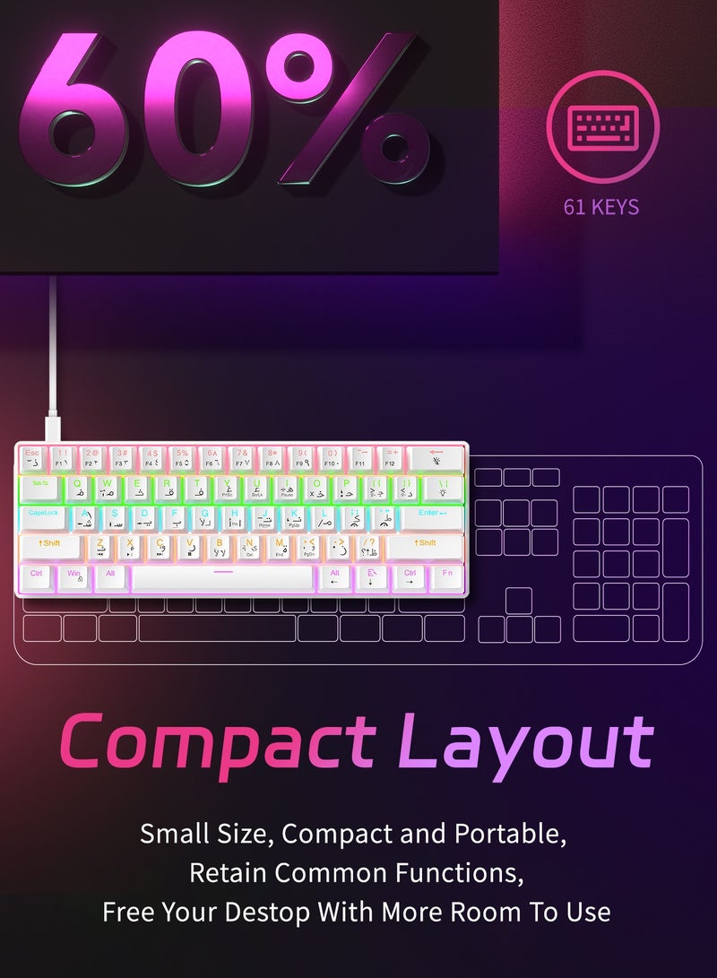UCHUANG 61-Key English Arabic Mechanical Keyboard, Red Switch Hybrid Light Compact Mini Wired Keyboard for PC, Mac E-sports Portable Gaming Keyboard - White - Image 2