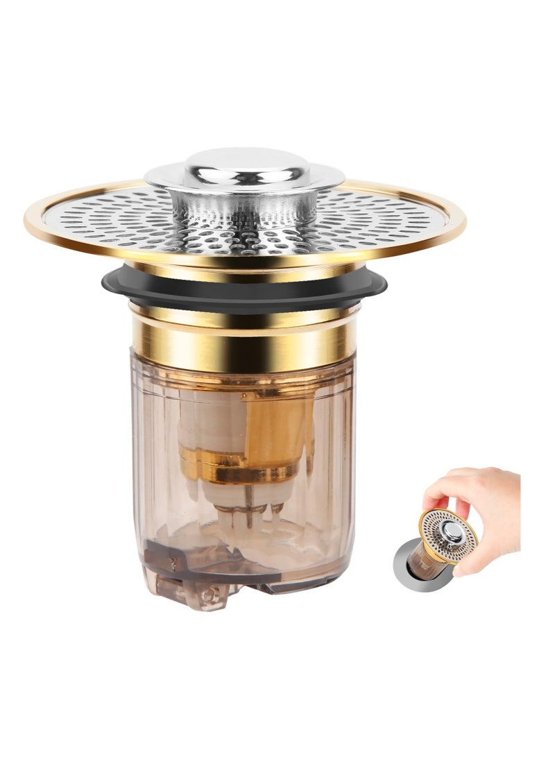 Excefore Universal Bathroom Sink Stopper, 2 in 1Bathroom Sink Stopper and Sink Drain Strainer, Sink Drain Strainer with Anti Clogging Filter Hair Catcher, Suitable for 1.34~1.46'' Drainage Holes (Gold) - Image 1