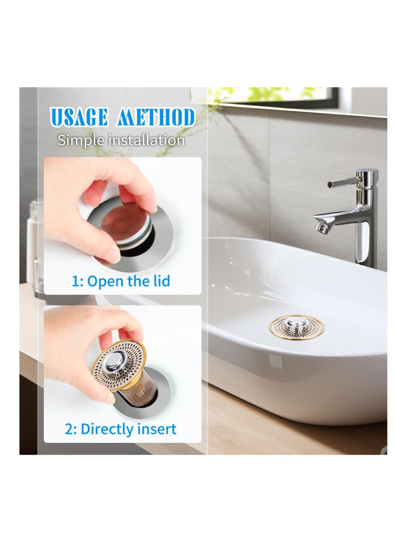 Excefore Universal Bathroom Sink Stopper, 2 in 1Bathroom Sink Stopper and Sink Drain Strainer, Sink Drain Strainer with Anti Clogging Filter Hair Catcher, Suitable for 1.34~1.46'' Drainage Holes (Gold) - Image 3