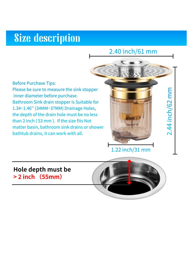 Excefore Universal Bathroom Sink Stopper, 2 in 1Bathroom Sink Stopper and Sink Drain Strainer, Sink Drain Strainer with Anti Clogging Filter Hair Catcher, Suitable for 1.34~1.46'' Drainage Holes (Gold) - Image 2