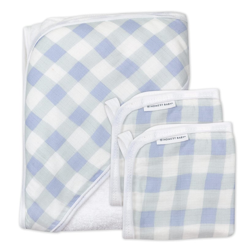 HonestBaby 3-Piece Organic Cotton Hooded Towel & Washcloth Set, Blue Painted Buffalo Check, One Size - Image 1