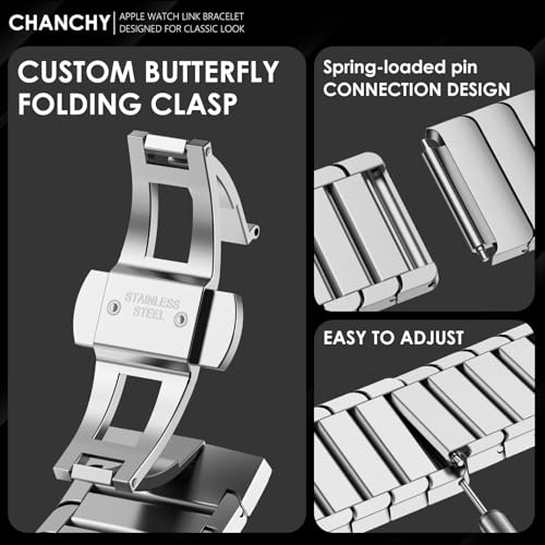 CHANCHY Stainless Steel Band for Apple Watch Ultra 3 Band, Apple Watch Ultra 2/1 49mm 46mm 45mm 44mm, Metal Strap Link Bracelet with Folding Clasp for Apple Watch Series 11 10 9 8 7 6 5 4 SE3, Silver - Image 3