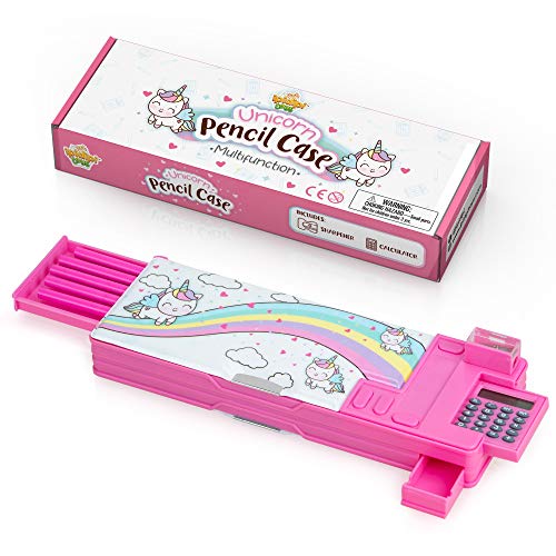 IPIDIPI TOYS حافظة أقلام بوب أب يونيكورن من IPIDIPI للأطفال - صندوق قرطاسية متعدد الوظائف مع آلة حاسبة، ومبراة، ودرج، وأقلام - هدية العودة إلى المدرسة للأطفال - حامل أقلام - وردي - Image 1