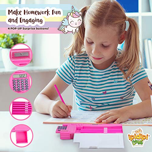 IPIDIPI TOYS حافظة أقلام بوب أب يونيكورن من IPIDIPI للأطفال - صندوق قرطاسية متعدد الوظائف مع آلة حاسبة، ومبراة، ودرج، وأقلام - هدية العودة إلى المدرسة للأطفال - حامل أقلام - وردي - Image 4