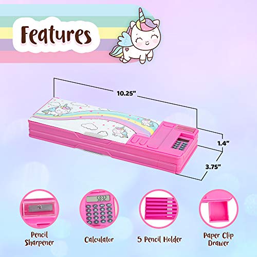 IPIDIPI TOYS حافظة أقلام بوب أب يونيكورن من IPIDIPI للأطفال - صندوق قرطاسية متعدد الوظائف مع آلة حاسبة، ومبراة، ودرج، وأقلام - هدية العودة إلى المدرسة للأطفال - حامل أقلام - وردي - Image 2
