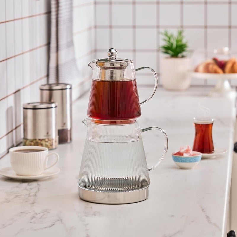 Karaca Keops XL Borosilicate Glass Teapot with Infuser and Lid for Stovetop, Transparent Silver, 1L Tea Pot & 2L Tea Kettle Set for Loose Leaf & Herbal, Dishwasher Safe - Image 1