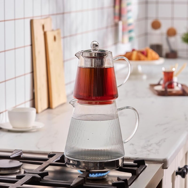 Karaca Keops XL Borosilicate Glass Teapot with Infuser and Lid for Stovetop, Transparent Silver, 1L Tea Pot & 2L Tea Kettle Set for Loose Leaf & Herbal, Dishwasher Safe - Image 4