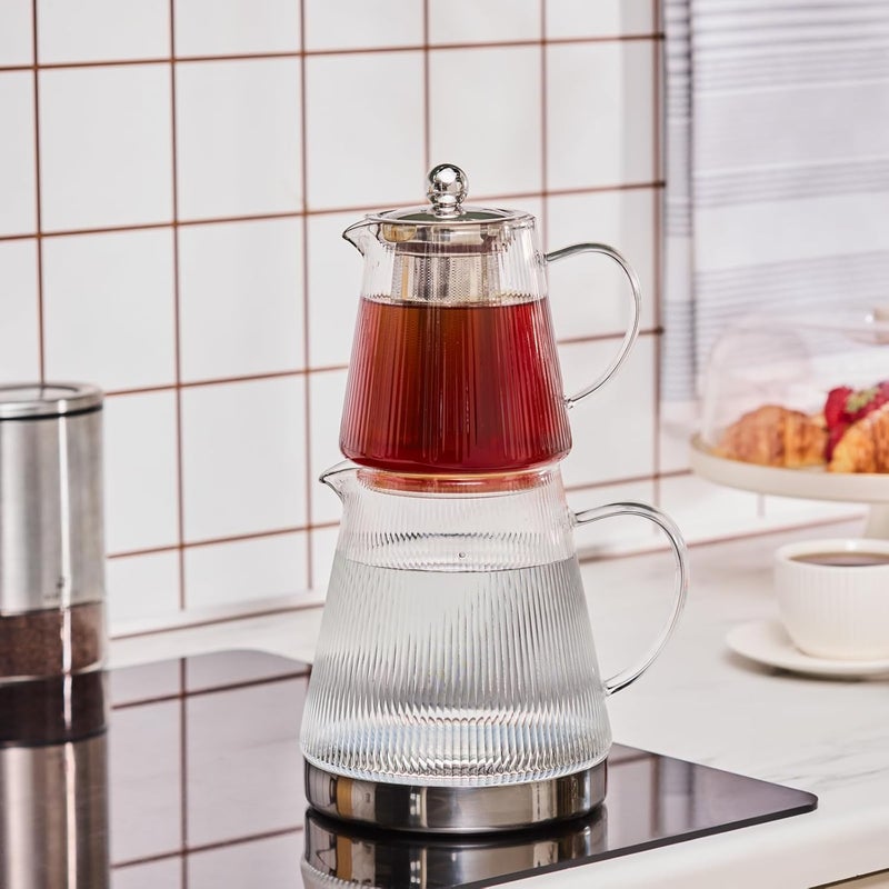 Karaca Keops XL Borosilicate Glass Teapot with Infuser and Lid for Stovetop, Transparent Silver, 1L Tea Pot & 2L Tea Kettle Set for Loose Leaf & Herbal, Dishwasher Safe - Image 2