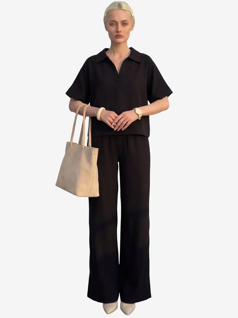MY FASHION Black MY FASHION V-Neck Short Sleeve Blouse & Wide Leg Pants Two-Piece Set for Women | Best Price UAE