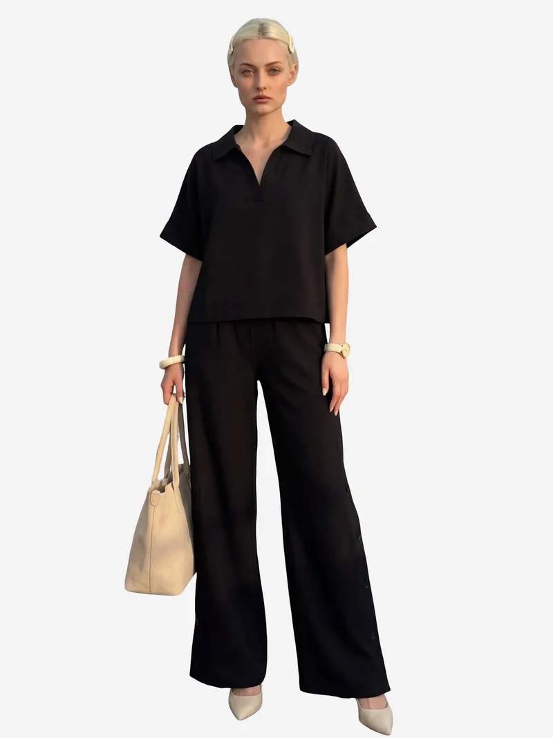 MY FASHION V-Neck Short Sleeve Blouse & Wide Leg Pants Two-Piece Set