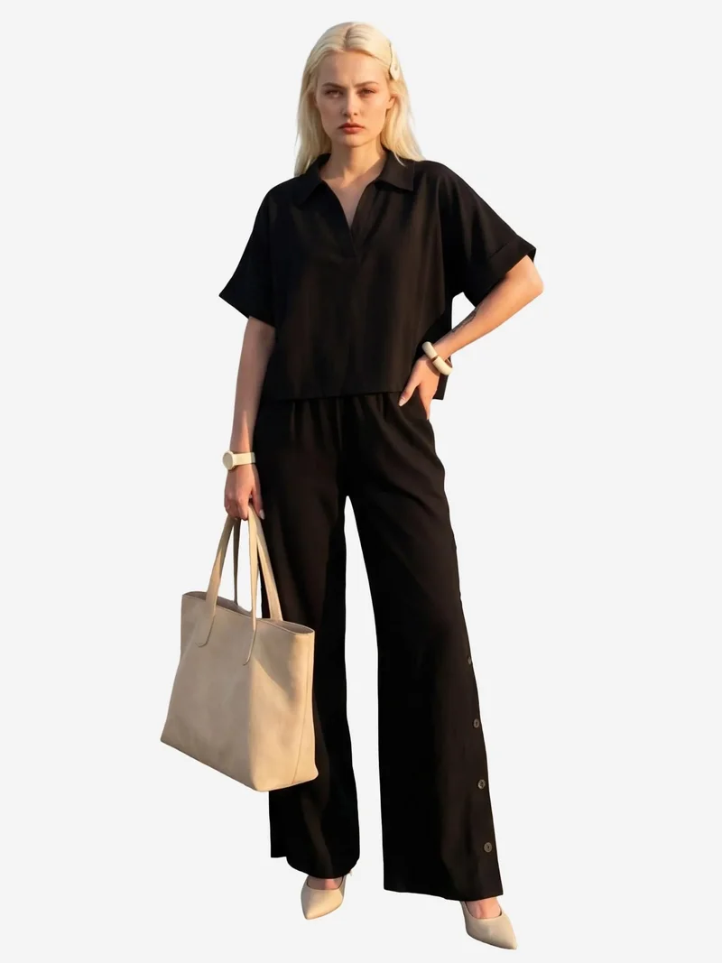 MY FASHION Black MY FASHION V-Neck Short Sleeve Blouse & Wide Leg Pants Two-Piece Set for Women | Best Price UAE