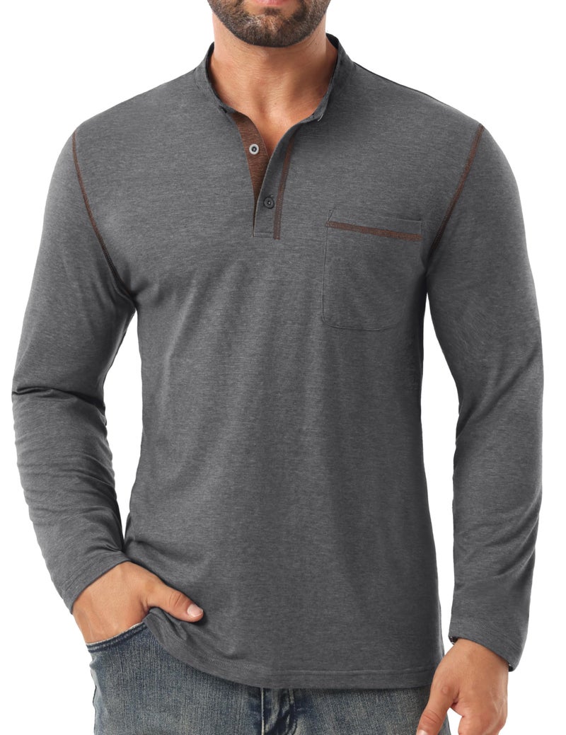Sailwind Men's Henley Shirts Long Sleeve Button T-Shirt Casual Stylish Cotton Pullover Shirt with Pocket Dark Gray - Image 4