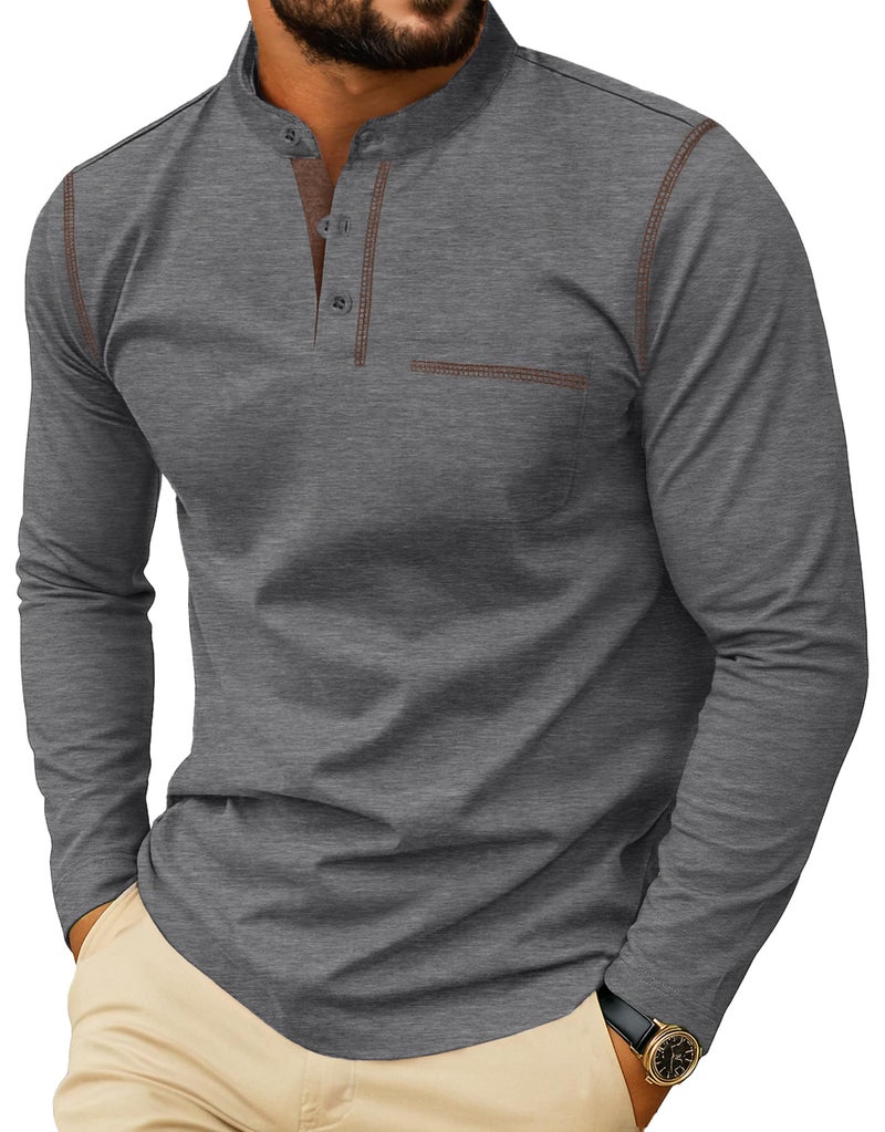 Sailwind Men's Henley Shirts Long Sleeve Button T-Shirt Casual Stylish Cotton Pullover Shirt with Pocket Dark Gray - Image 1