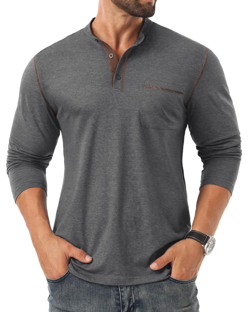 Sailwind Men's Henley Shirts Long Sleeve Button T-Shirt Casual Stylish Cotton Pullover Shirt with Pocket Dark Gray - Image 2