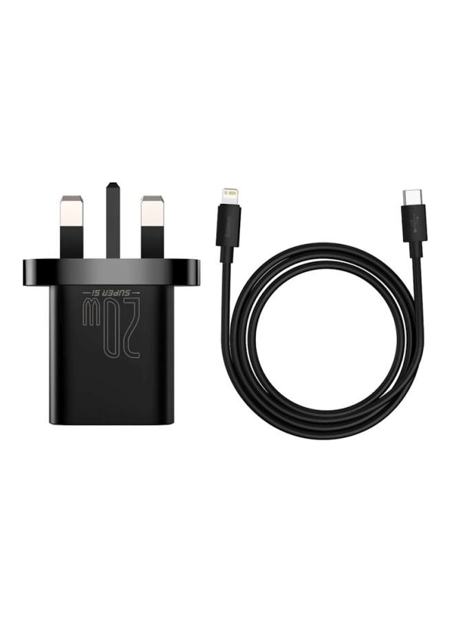 بيسوس طقم شاحن بمقبس جداري ومنفذ USB مع كابل Lightning بمنفذ Type C يدعم الشحن السريع بتقنية PD وقدرة 20 وات متوافق مع آي باد 9 الجديد وآي باد برو 2021 وهواتف آيفون 13/13 برو/13 برو ماكس/13 ميني/12 برو/11 برو أسود - Image 1