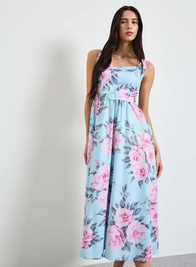 Styli Blue Floral A-Line Midi Dress