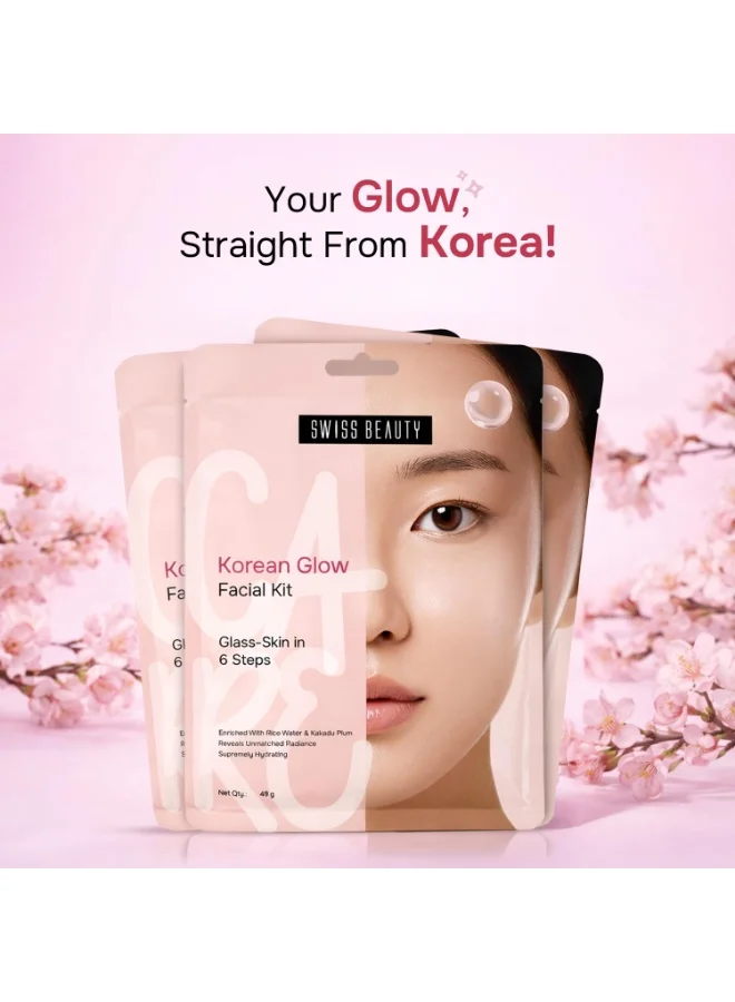 Swiss Beauty Swiss Beauty Care Korean Glow Facial Kit | 6-Steps For Glass-Skin | Adds Instant Radiance | Fades Dark Spots | Clarifies & Nourishes | With Kakadu Plum & Rice | 49g