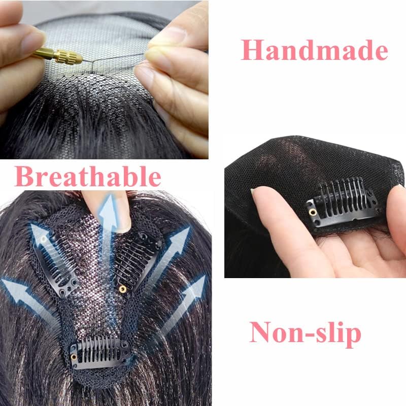 ANEMONE Hand-woven Lace Human Hair Toppers with Air Bangs Fringe Clip In Brazilian Natural Hairpieces Women Straight Cover Grey Hair Loss (7 * 9 Brown Air Bangs) - Image 4