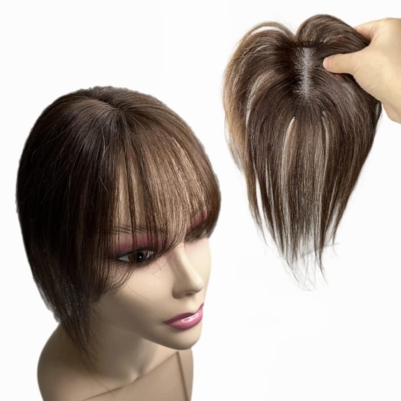 ANEMONE Hand-woven Lace Human Hair Toppers with Air Bangs Fringe Clip In Brazilian Natural Hairpieces Women Straight Cover Grey Hair Loss (7 * 9 Brown Air Bangs) - Image 2