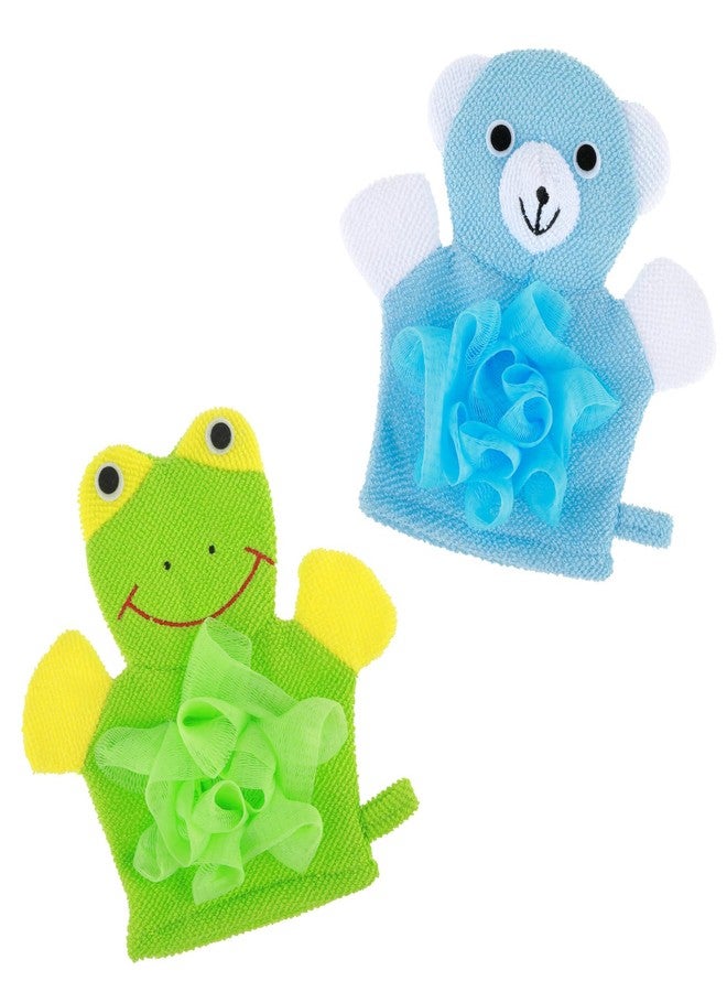 Wanmu Bath Gloves Loofah for Kids, 2 Pcs Cute Animal Kids Sponges Shower Gloves Loofah Colorful Exfoliating Body Scrubber for Baby Gentle Soft and Easy to Lather (Blue Bear, Green Frog) - Image 1
