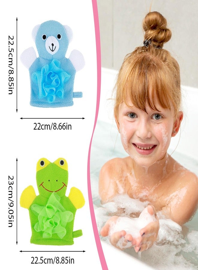 Wanmu Bath Gloves Loofah for Kids, 2 Pcs Cute Animal Kids Sponges Shower Gloves Loofah Colorful Exfoliating Body Scrubber for Baby Gentle Soft and Easy to Lather (Blue Bear, Green Frog) - Image 2
