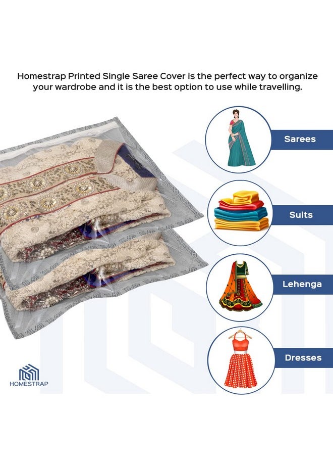 HomeStrap Homestrap Set of 10 Printed Single Saree Cover/Clothes Storage Bags/Wardrobe Organiser with Transparent Top (Grey, Non-Woven)  - Image 4
