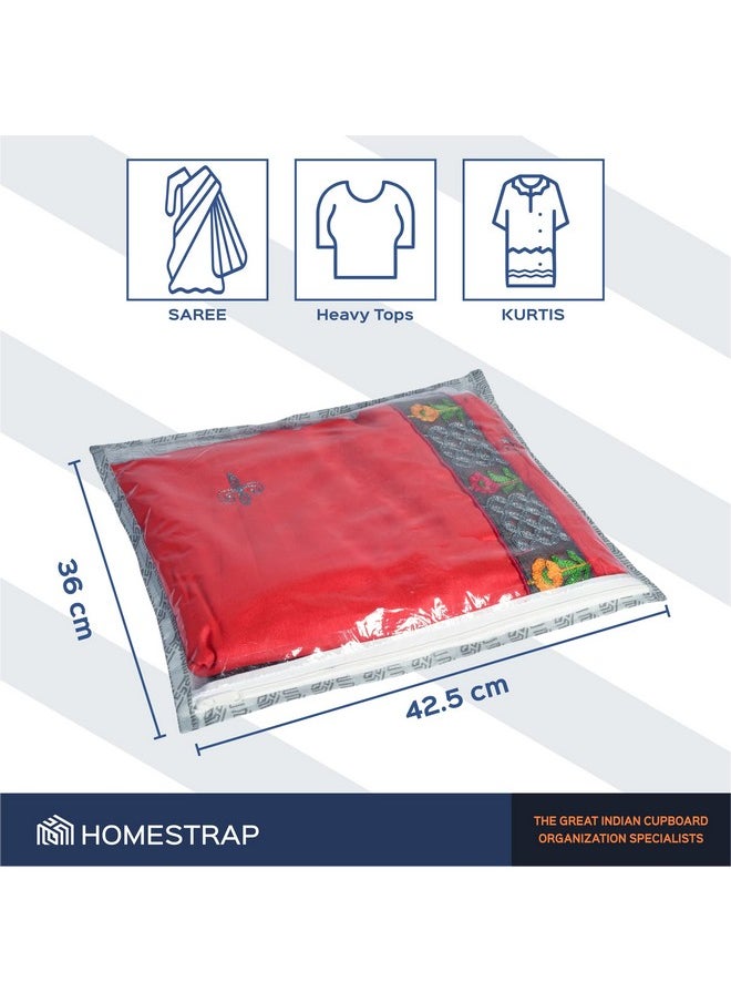 HomeStrap Homestrap Set of 10 Printed Single Saree Cover/Clothes Storage Bags/Wardrobe Organiser with Transparent Top (Grey, Non-Woven)  - Image 2