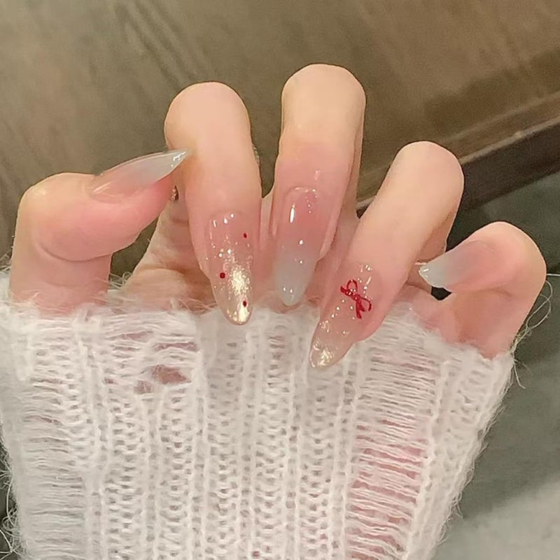 Press on Nails Medium Almond Cat Eye Fake Nails with Simple Bow Polka Dot Design - 24 Pcs - Image 1