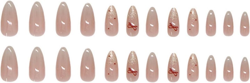 Press on Nails Medium Almond Cat Eye Fake Nails with Simple Bow Polka Dot Design - 24 Pcs - Image 5