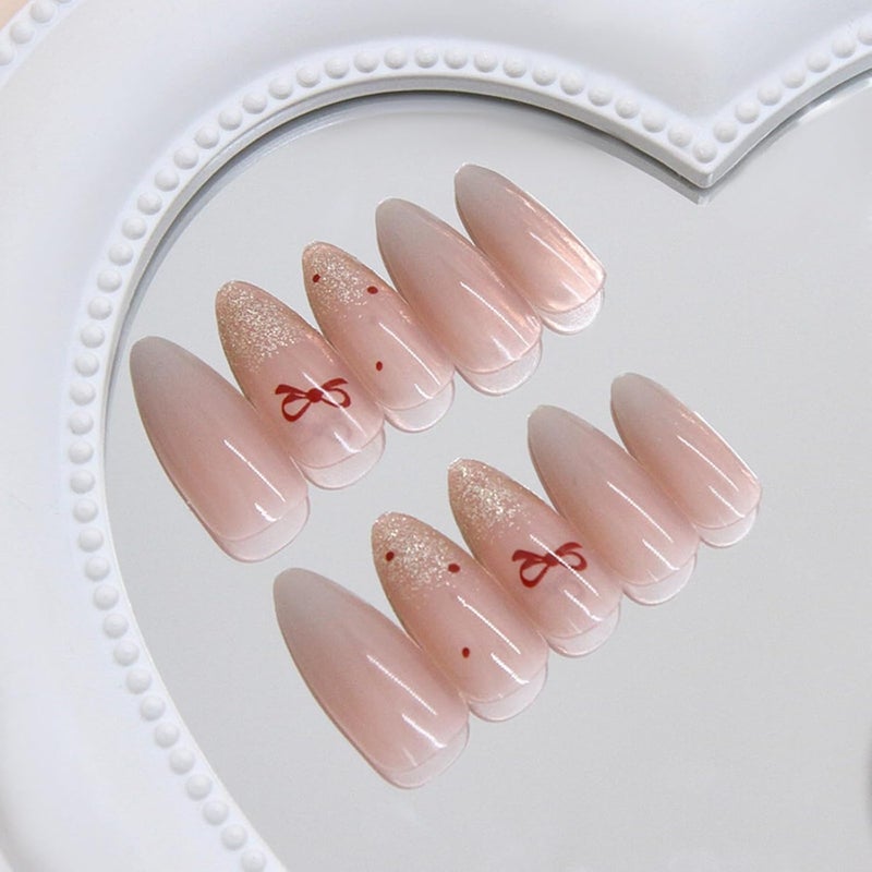 Press on Nails Medium Almond Cat Eye Fake Nails with Simple Bow Polka Dot Design - 24 Pcs - Image 3