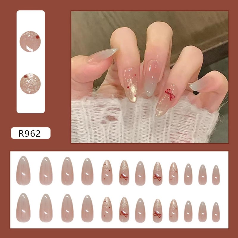 Press on Nails Medium Almond Cat Eye Fake Nails with Simple Bow Polka Dot Design - 24 Pcs - Image 2