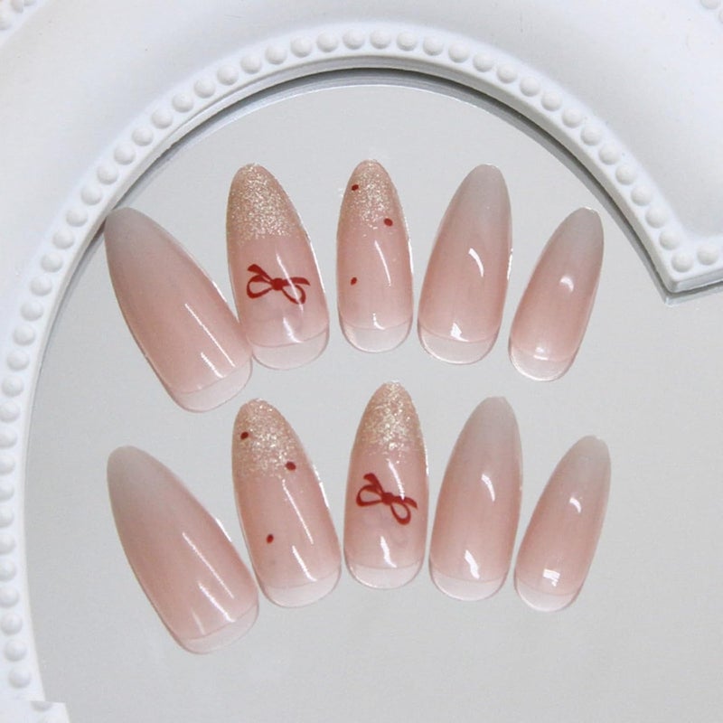 Press on Nails Medium Almond Cat Eye Fake Nails with Simple Bow Polka Dot Design - 24 Pcs - Image 4