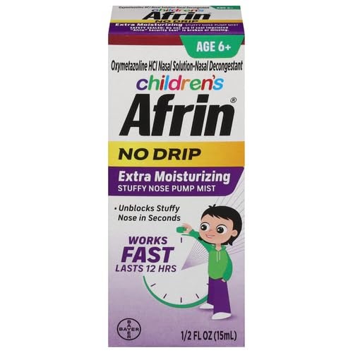 Afrin Childrens Extra Moisturizing Stuffy Kids Nasal Spray Pump Mist Up to 12 Hour Nasal Congestion Relief for Cold or Allergy Symptoms for Children Ages 6 Up 15 mL