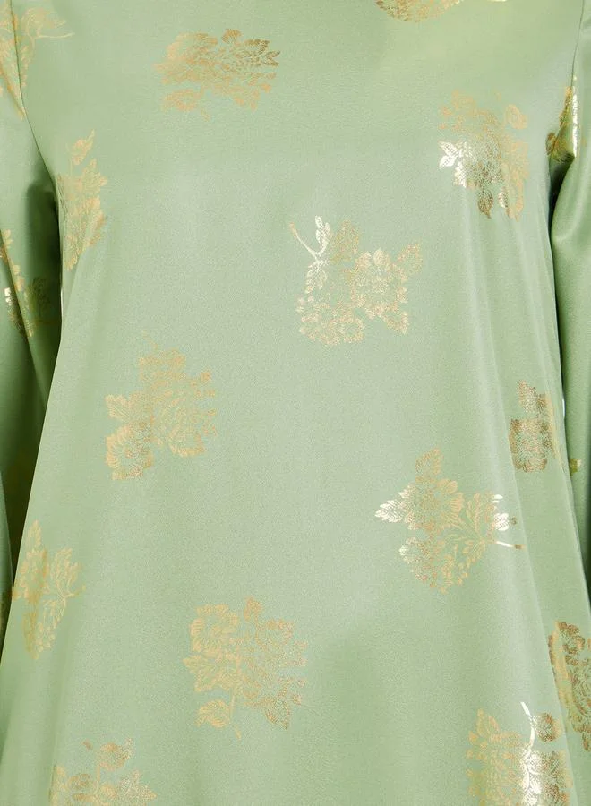 Amirah  Green Foil Print Round Neck Jalabiya for Women | Best Price UAE