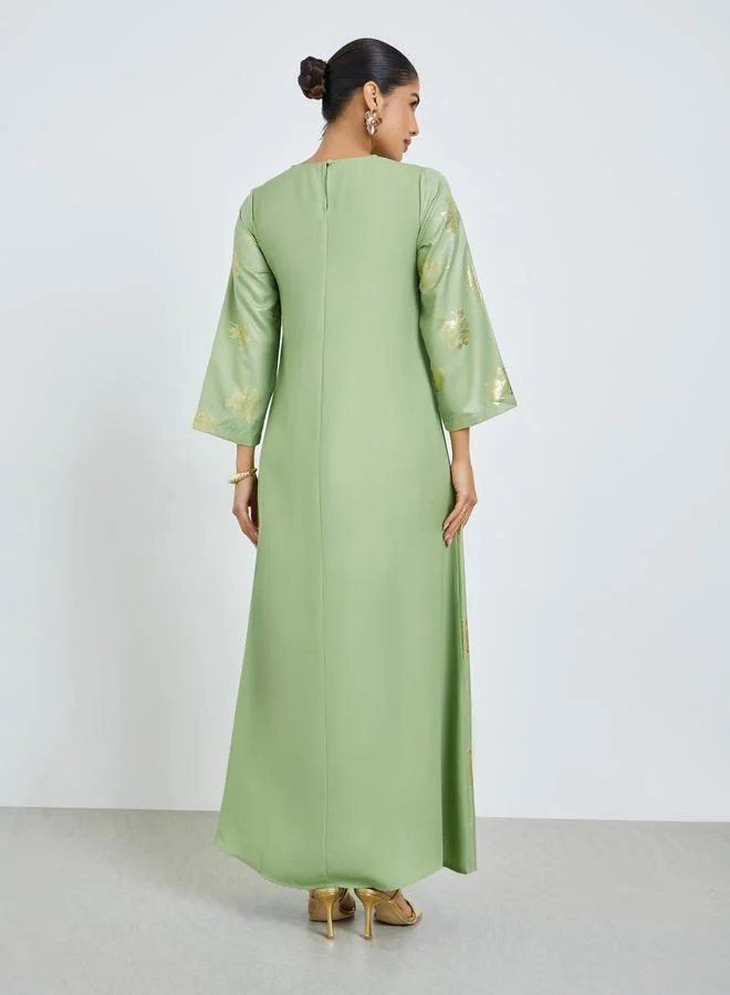 Amirah  Green Foil Print Round Neck Jalabiya for Women | Best Price UAE