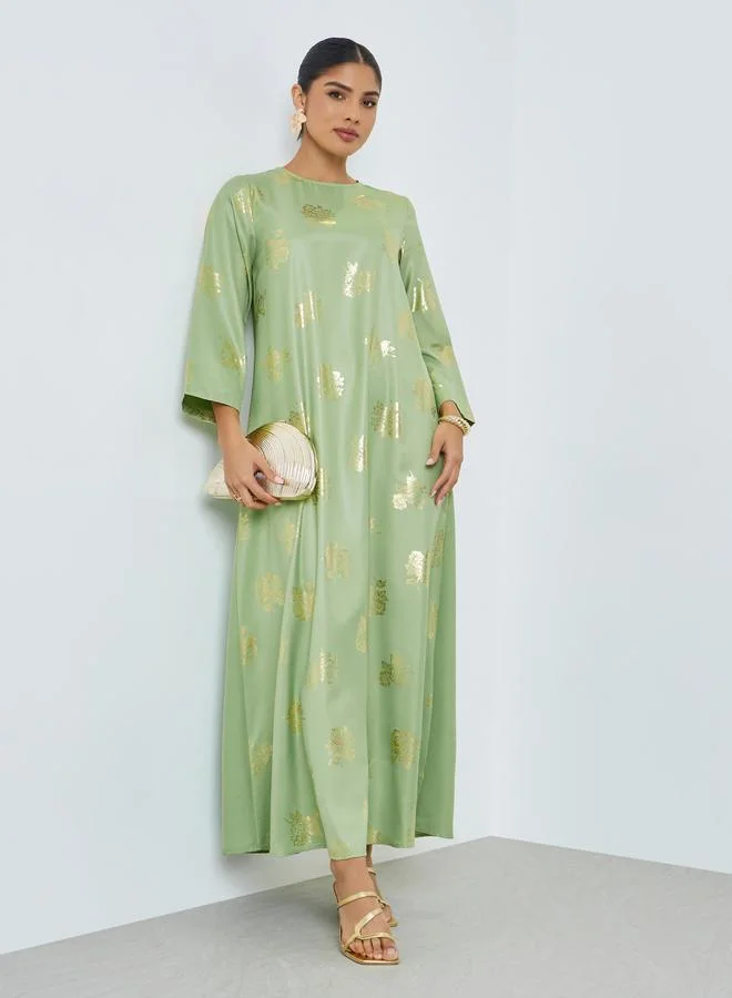Green Foil Print Round Neck Jalabiya